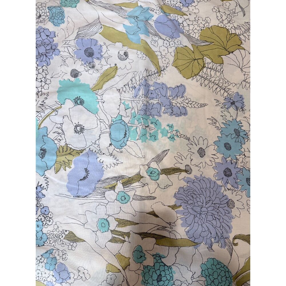 Vintage 60s 70s Floral Full Flat Sheet Blue Aqua Avocado